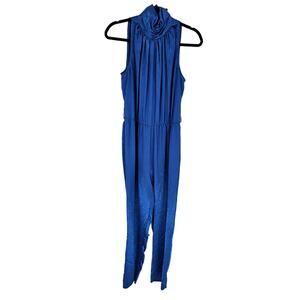 VTG Women's Blue Sleeveless Cowl Neck Button Closer Polyester Jumpsuit Size XL
